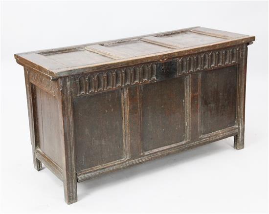 A late 17th/early 18th century oak three-panel coffer, W. 3ft 2in. D. 1ft 6in. H. 2ft.